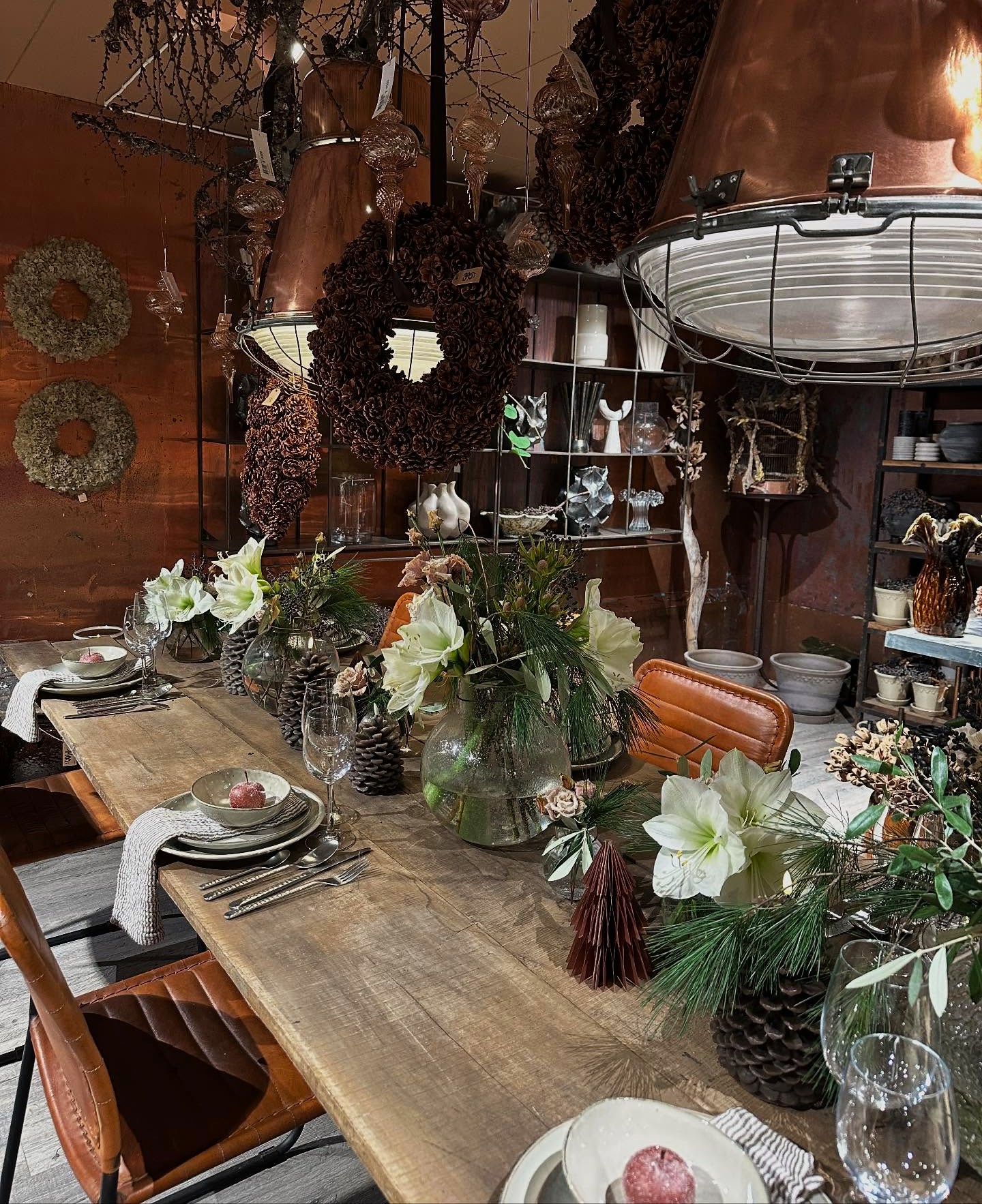 Plankebord dækket op til jul med cremefarvet service og vaser med hvide amaryllis og grangrene. 